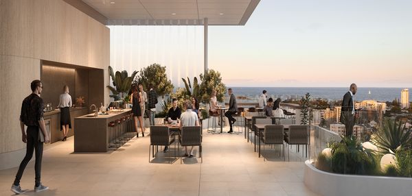 An artist’s impression of the roof terrace at 50 First Avenue, with kitchen area behind an open dining and seating space surrounded by clear glass barriers revealing a panoramic view of Maroochydore.