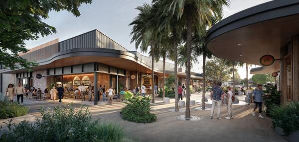 An artist’s impression of an outdoor area at The Palms Shopping Village, with modern buildings lined with cafes, restaurants and stores. Trees and bushes are spread between the buildings as shoppers walk by or dine at the restaurants.
